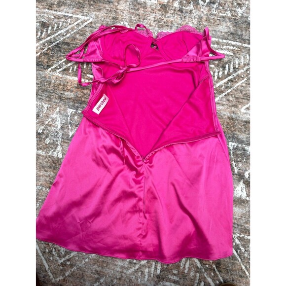 Hot Pink Satin Lace Slip Mini Dress NWT Size Small Ruched Spaghetti Strap Party - Picture 10 of 16